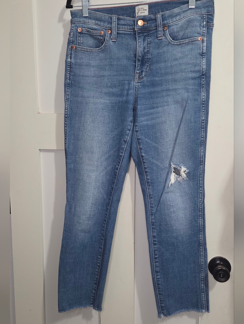 J. Crew - Medium Blue Cropped Ankle Jeans with Distressed Knee